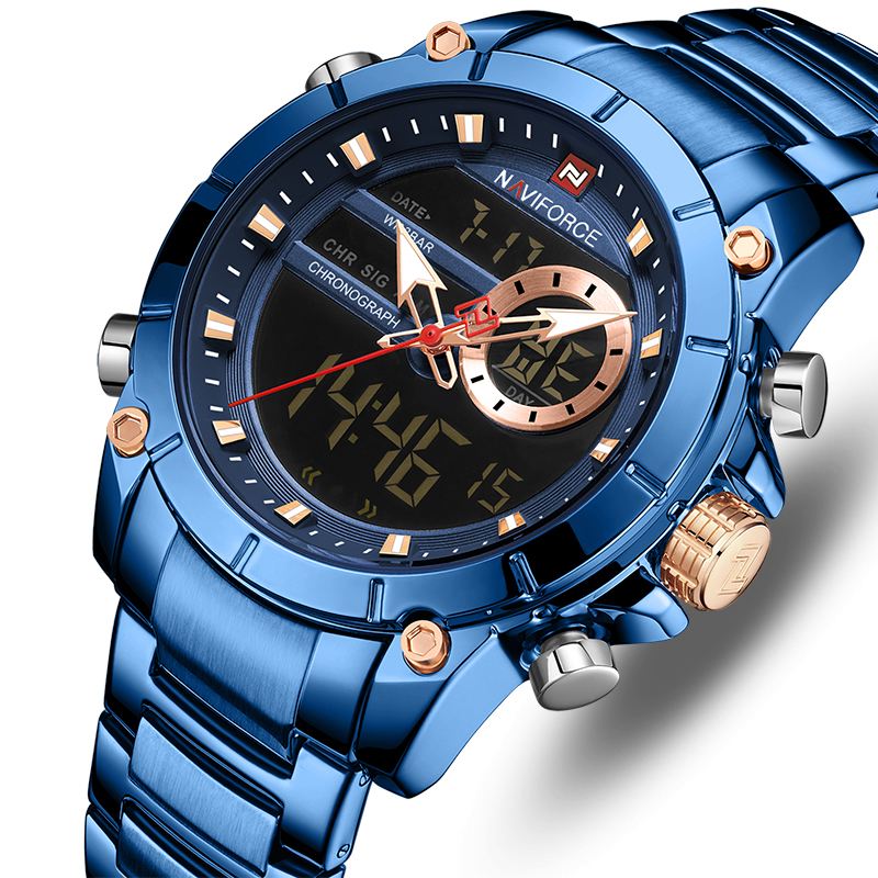Vandtæt Alarm Business Style Dual Display Watch Fuldt Stål Quartz Watch