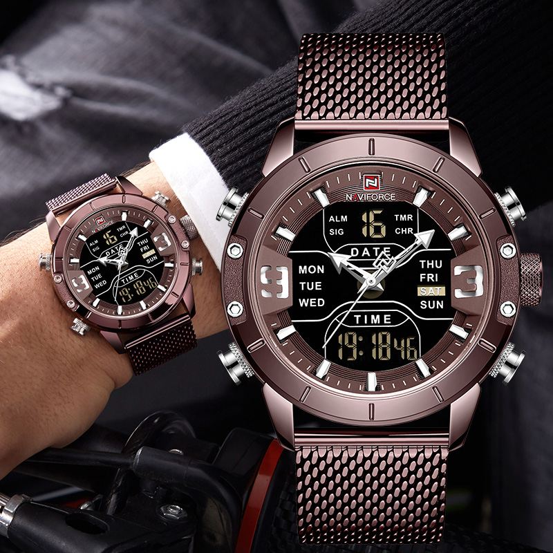 Vandtæt Dual Display Watch Calendar Full Steel Business Mænd Digital Watch