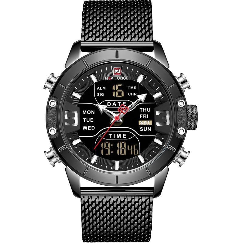 Vandtæt Dual Display Watch Calendar Full Steel Business Mænd Digital Watch