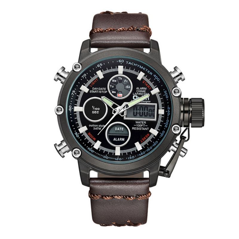 Vandtæt Led Dual Display Watch Casual Style Ægte Læderrem Quartz Watch