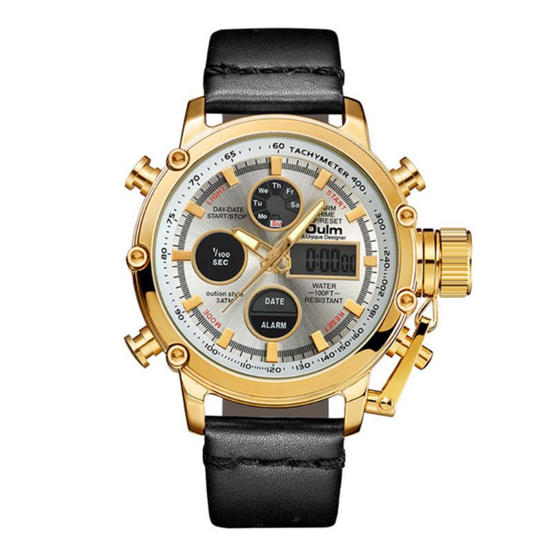 Vandtæt Led Dual Display Watch Casual Style Ægte Læderrem Quartz Watch