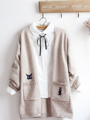 Broderi Kat Strik Long Sweater Cardigans