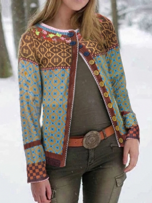 Etnisk Med Tryk Patchwork Langærmede Cardigans Til Kvinder