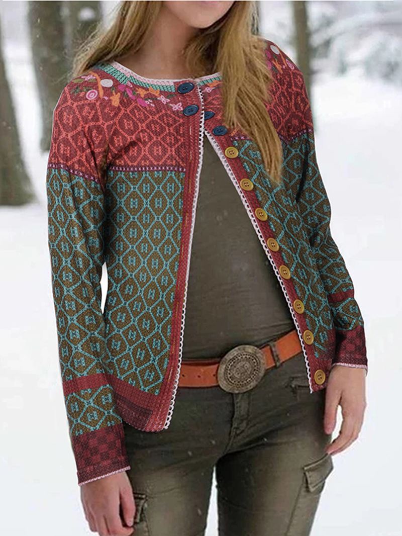 Etnisk Med Tryk Patchwork Langærmede Cardigans Til Kvinder