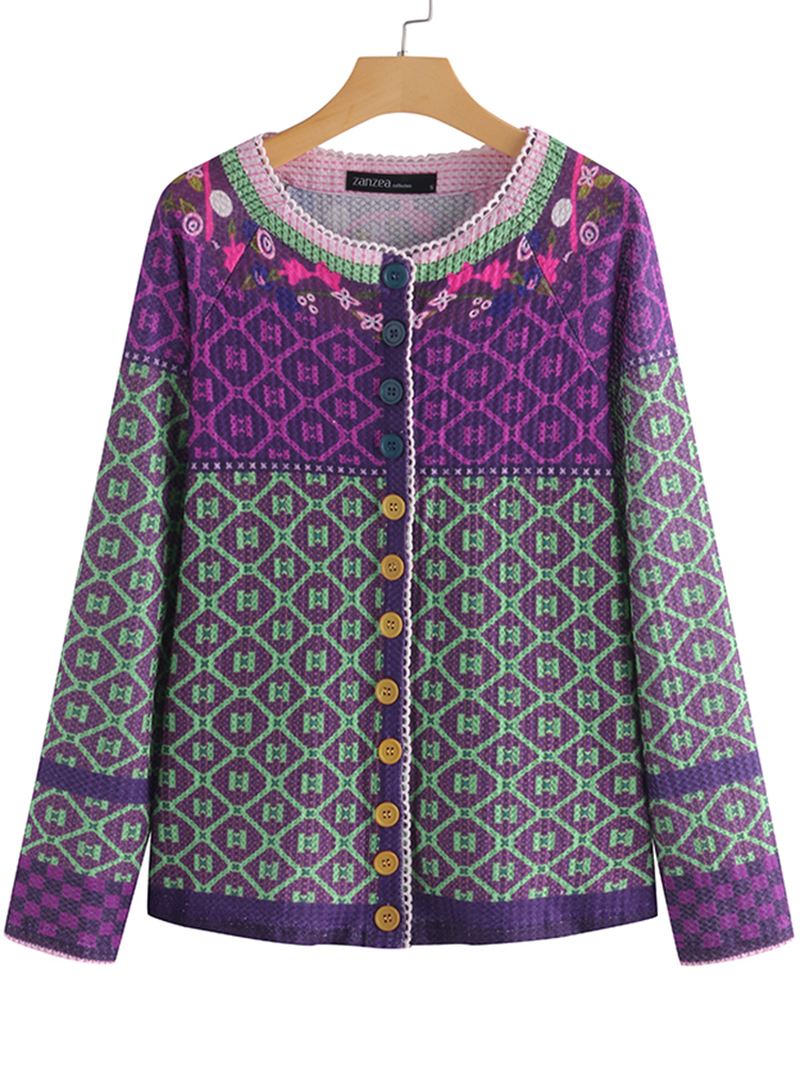 Etnisk Med Tryk Patchwork Langærmede Cardigans Til Kvinder