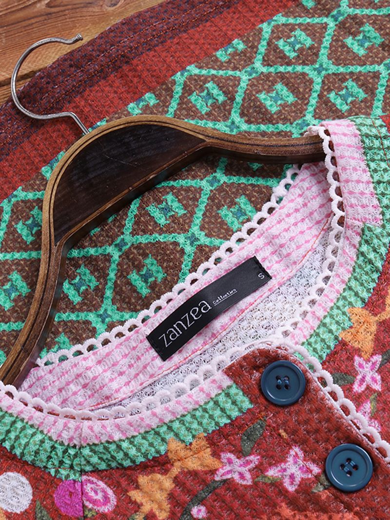 Etnisk Med Tryk Patchwork Langærmede Cardigans Til Kvinder