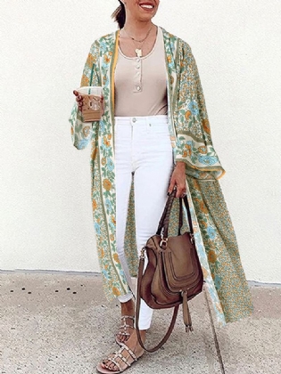 Kvinder Blomsterprint Bohemian Vintage Langærmet Lang Cardigan