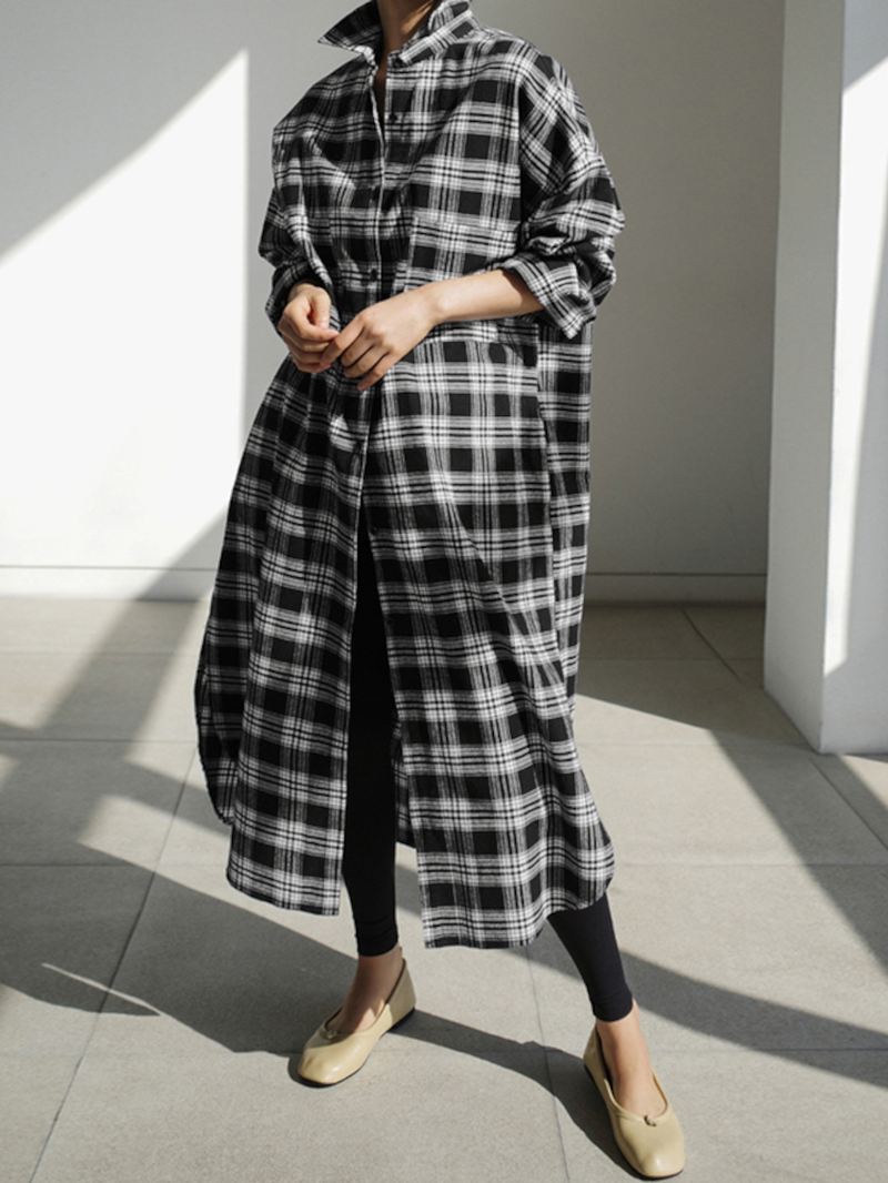 Kvinder Plaid Retro Knap Manchetter Split Sidelommer Revers Langærmet Skjortekjole Cardigan