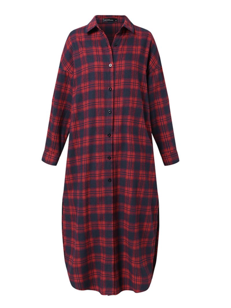 Kvinder Plaid Retro Knap Manchetter Split Sidelommer Revers Langærmet Skjortekjole Cardigan