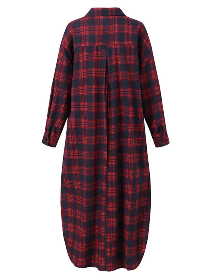 Kvinder Plaid Retro Knap Manchetter Split Sidelommer Revers Langærmet Skjortekjole Cardigan