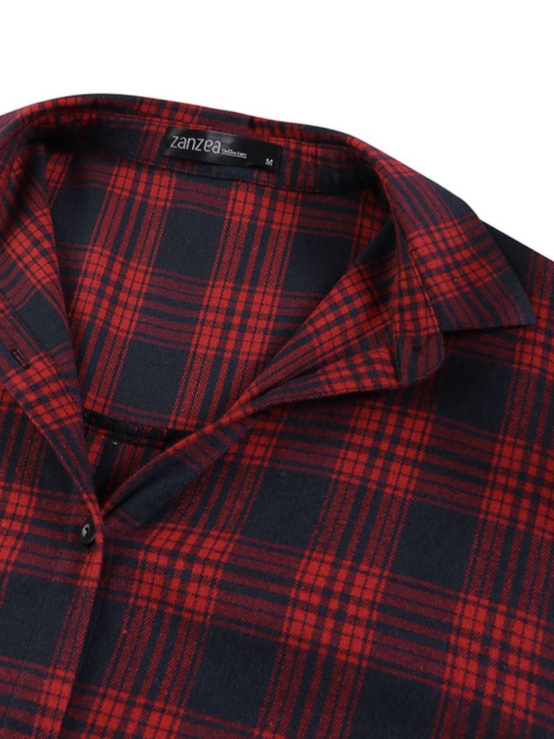 Kvinder Plaid Retro Knap Manchetter Split Sidelommer Revers Langærmet Skjortekjole Cardigan