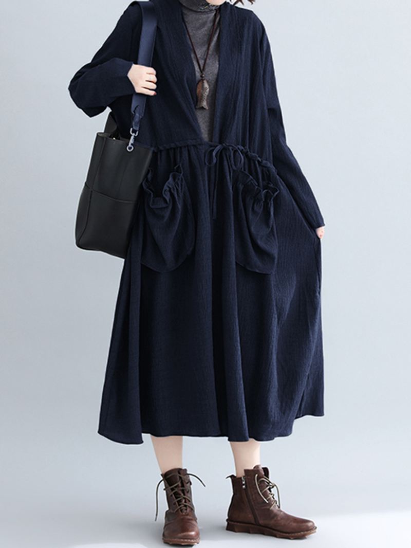 Kvinder Pure Color Bomuld Løse Langærmede Lommer Trench