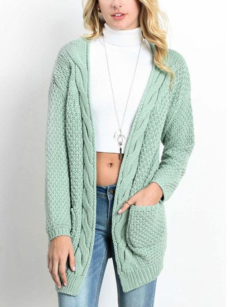 Kvinder Strikket Ensfarve Loose Pocket Twisted Cardigans