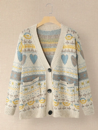 Kvinder Vintage Fuld Printmønster Langærmet Cardigan Med Lomme