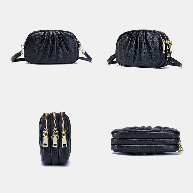 Kvinder Ægte Læder 3 Lynlås Lomme Fold Design Crossbody Taske