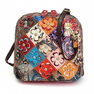 Kvinder Ægte Læder Patchwork Floral Crossbody Taske