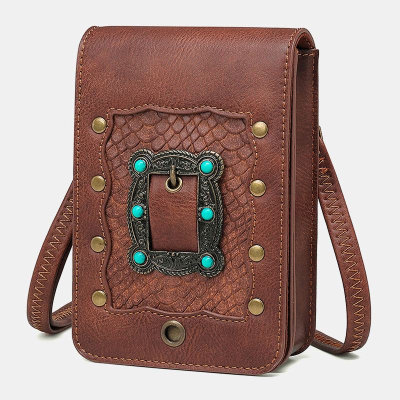 Kvinder Aftagelig Skulderrem Hardware Nitte Dekor Slangemønster Flap Magnetisk Lås Design Crossbody Taske Taljetaske