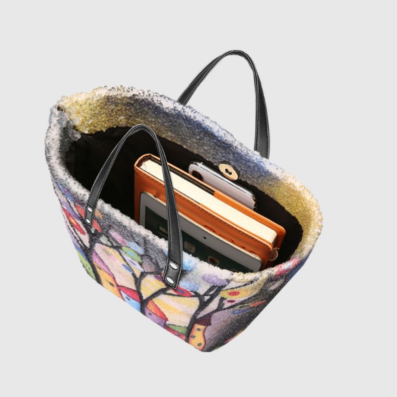 Kvinder Farverig Diy Lammehår Taske Tote Bag Skuldertaske