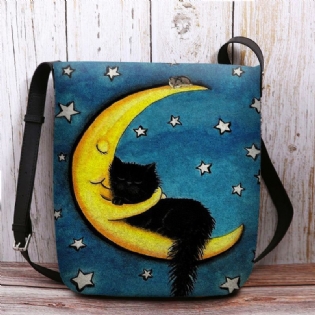 Kvinder Filt Kat Måne Stjernehimmel Mønstertryk Crossbody Bag Skuldertaske