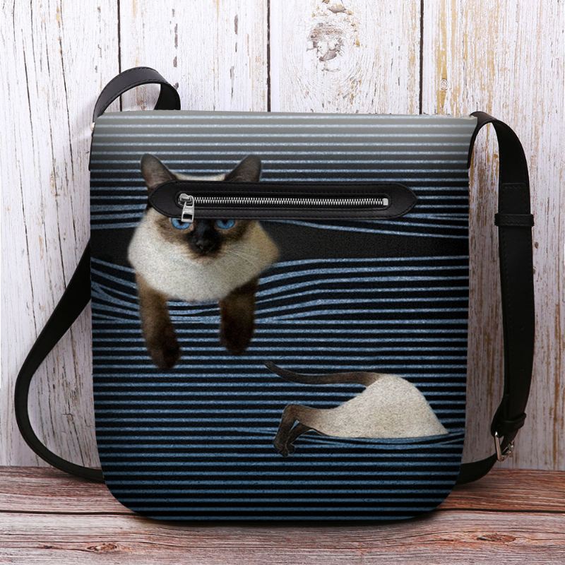 Kvinder Filt Sød Tegneserie Kat Striber Mønster Multi-carry Crossbody Taske Skuldertaske
