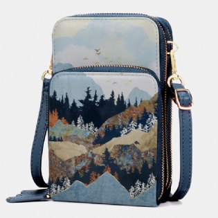 Kvinder Imiteret Læder Dame Mountain Treetop Med Tryk Taske 6.3 Tommer Telefontaske Crossbody Taske
