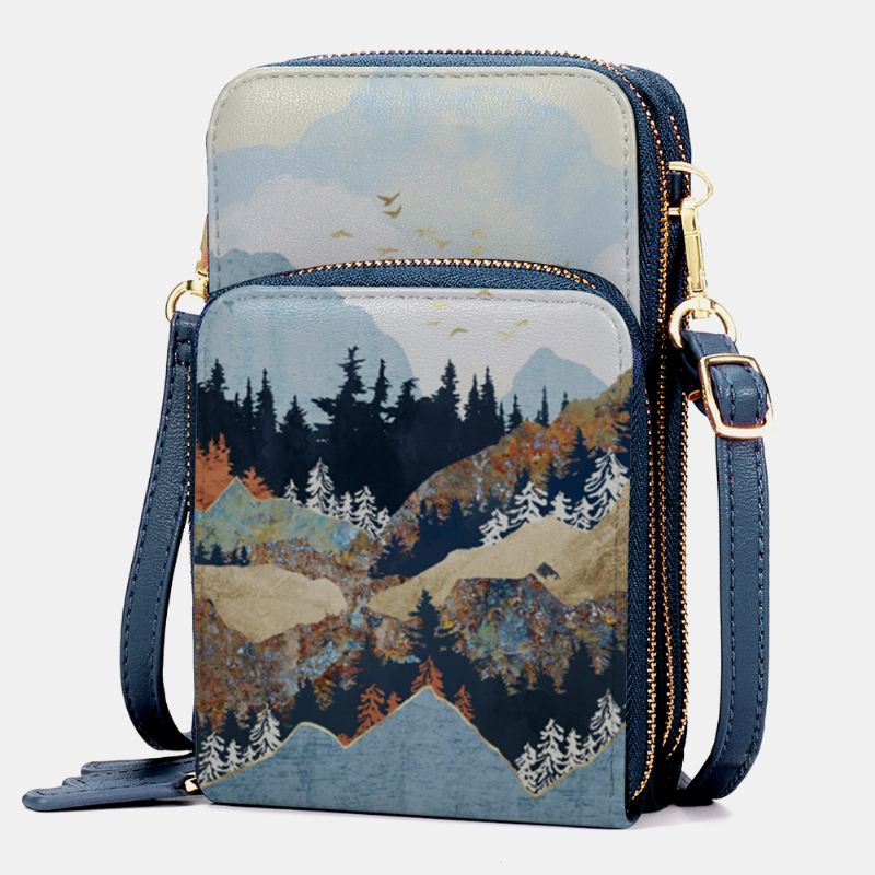 Kvinder Imiteret Læder Dame Mountain Treetop Med Tryk Taske 6.3 Tommer Telefontaske Crossbody Taske