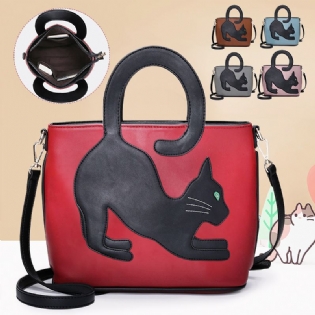 Kvinder Imiteret Læder Sød Kat Mønster Afslappet Håndtaske Crossbody Taske