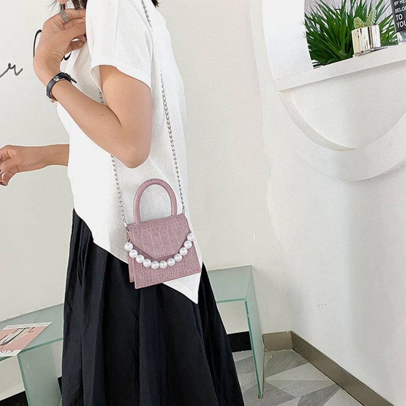 Kvinder Perler Kæde Dekor Flap Præget Snake Mønster Mini Håndtaske Crossbody Taske Skuldertaske