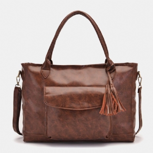 Kvinder Vintage Kvast Indretning Stor Kapacitet Tote Crossbody Taske Multifunktionel Blød Imiteret Pelskuffert Håndtaske
