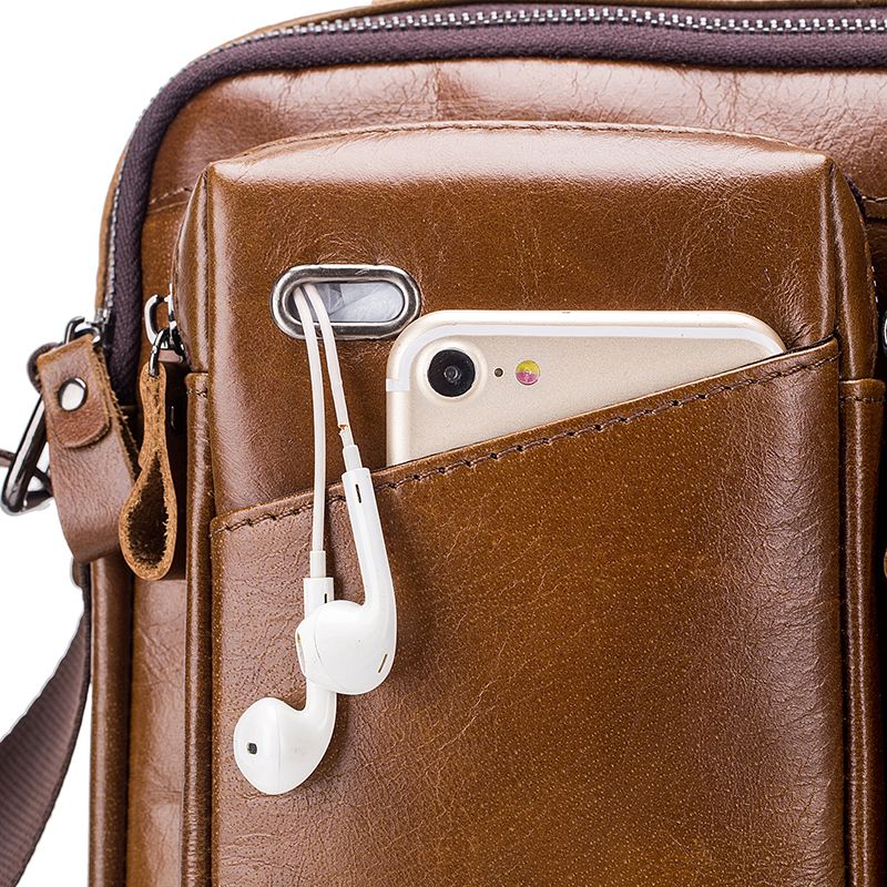 Mænd Ægte Læder Crossbody Taske Øretelefon Kohud Taske