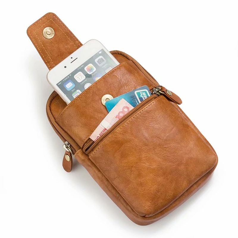 Mænd Ægte Læder Dobbelt Lynlås Taljetaske Crossbody Taske