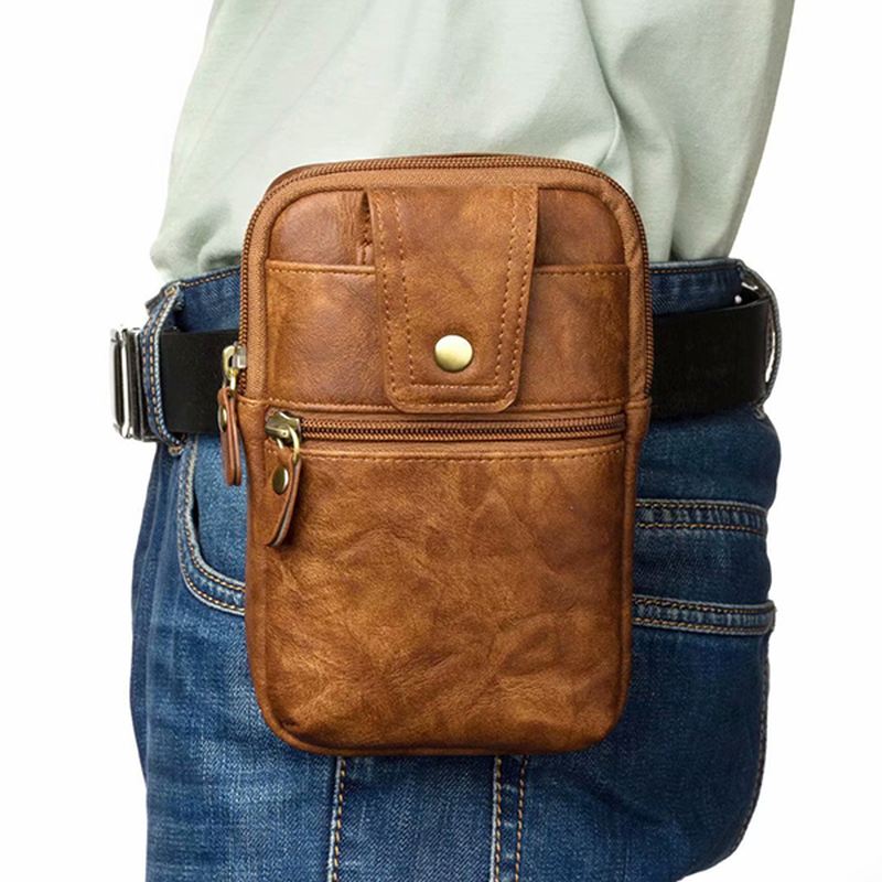 Mænd Ægte Læder Dobbelt Lynlås Taljetaske Crossbody Taske