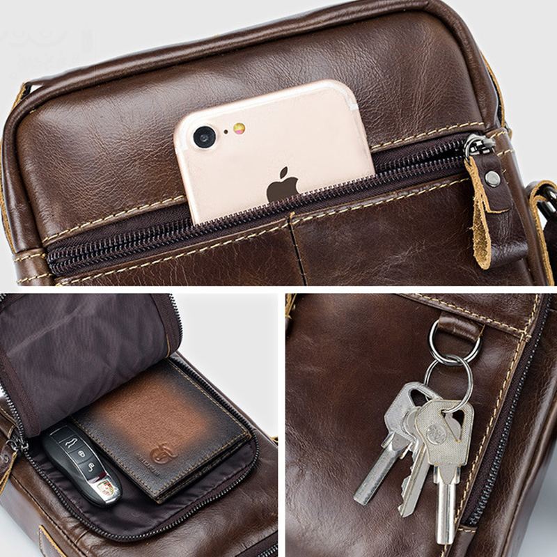 Mænd Ægte Læder Multi-pocket Crossbody Taske Vintage Nøglering Design Skuldertaske