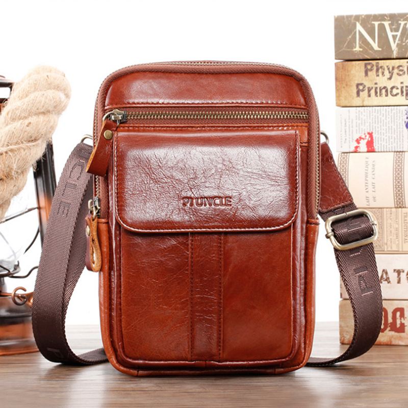 Mænd Ægte Læder Retro Business Multi-function Brysttaske Skuldertaske Cross Body Bag