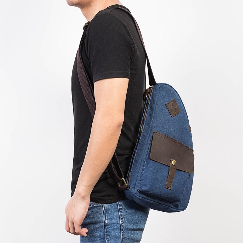Mænd Canvas Patchwork Brysttaske I Ægte Læder