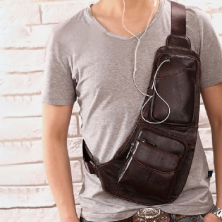 Mænd Massivt Ægte Læder Hovedtelefonstik Crossbody Taske Brysttaske Sling Bag