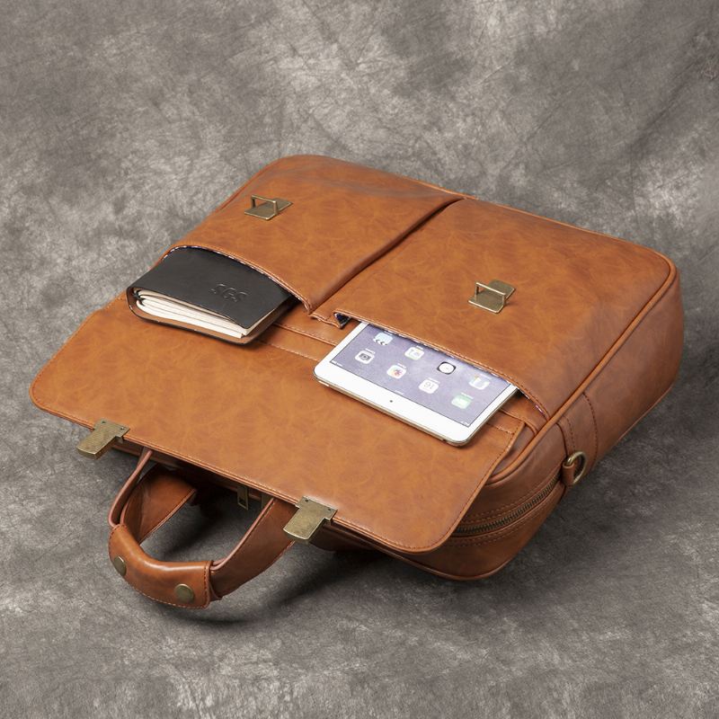Mænd Pu Læder Multi-lomme 14 Tommer Bærbar Taske Messenger Taske Rejse Crossbody Taske Håndtaske