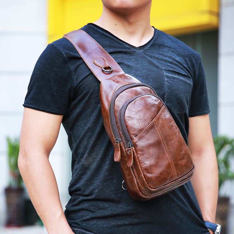 Mænd Vintage Ægte Læder Retro Crossbody Taske Brysttaske
