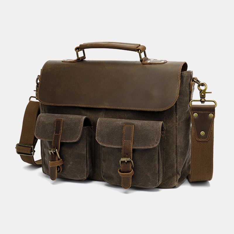 Mænd Vintage Multi-lommer Slidfast Ægte Læder Dokumentmappe Crossbody Skuldertaske