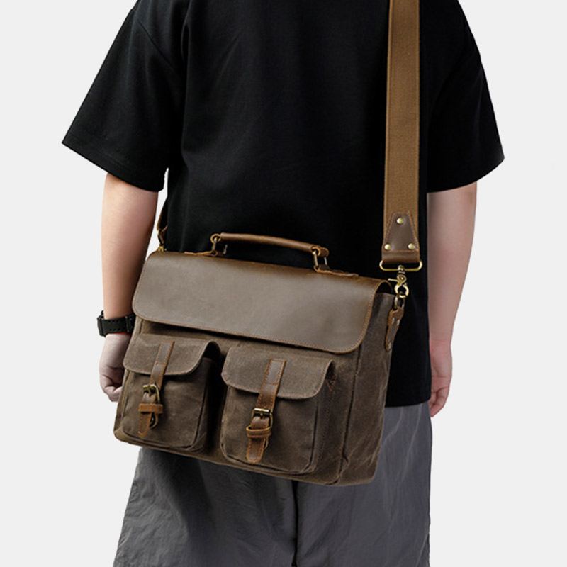 Mænd Vintage Multi-lommer Slidfast Ægte Læder Dokumentmappe Crossbody Skuldertaske