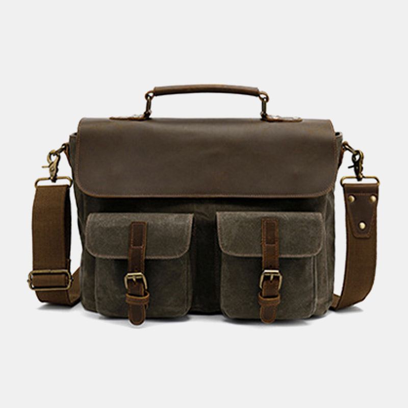 Mænd Vintage Multi-lommer Slidfast Ægte Læder Dokumentmappe Crossbody Skuldertaske