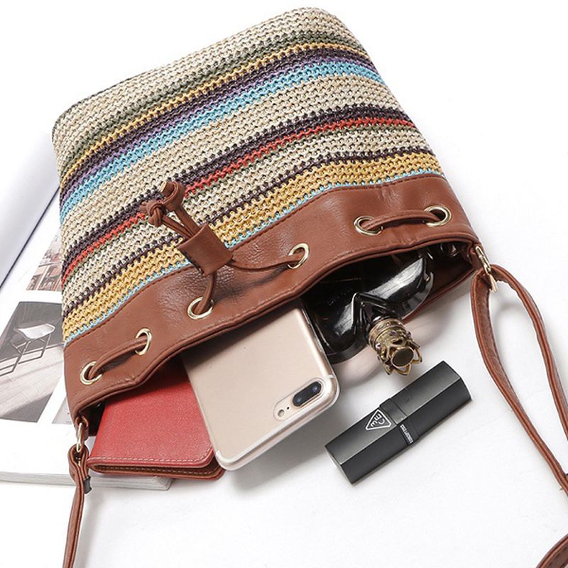 Mode Bohemian Striped Bucket Bag Messenger Skuldertaske
