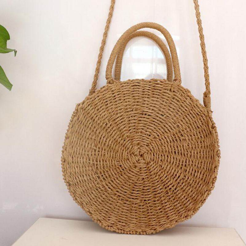 Runde Kvinder Piger Strå Rattan Taske Circle Håndtaske Håndvævet Sommer Strand Bali