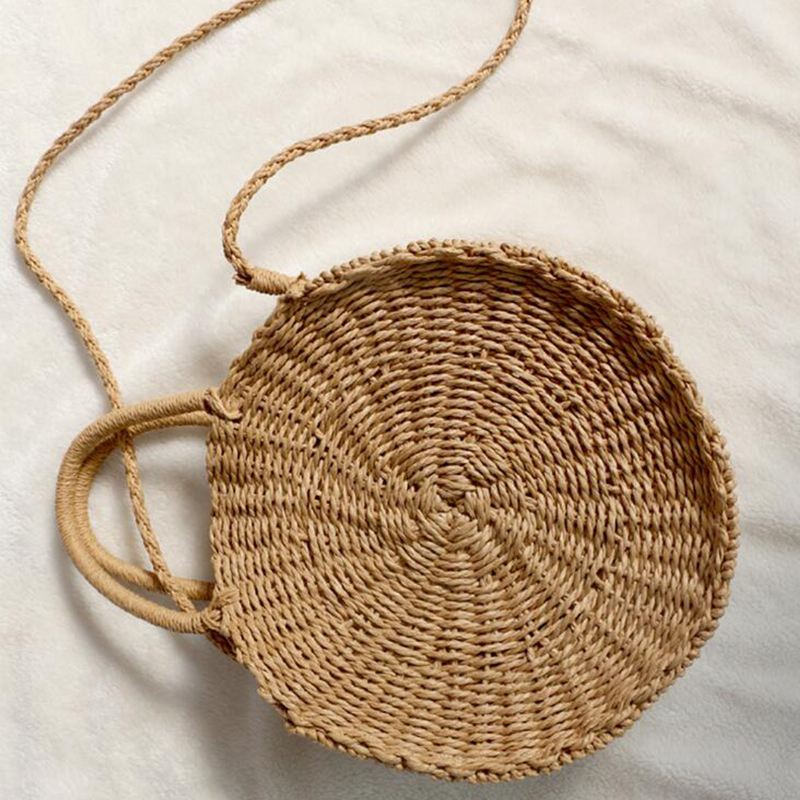 Runde Kvinder Piger Strå Rattan Taske Circle Håndtaske Håndvævet Sommer Strand Bali