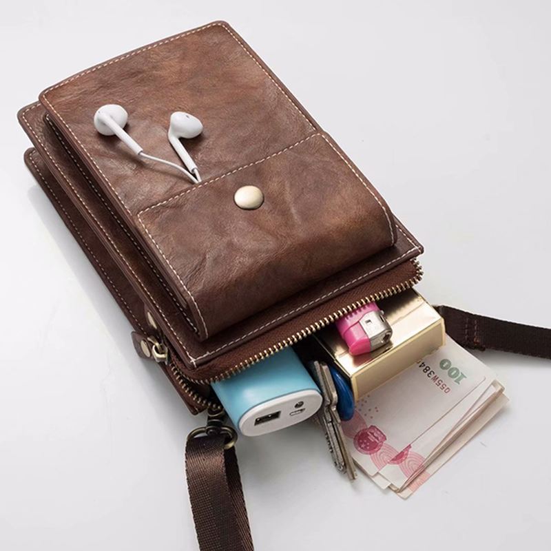 Vintage Afslappet Dobbelt Lynlås 6 Tommer Telefontaske Crossbody-taske Taljetaske Til Mænd