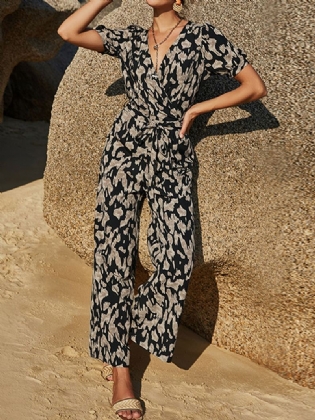 Casual Leopard Med Tryk V-hals Knotted Kortærmede Jumpsuits Til Kvinder