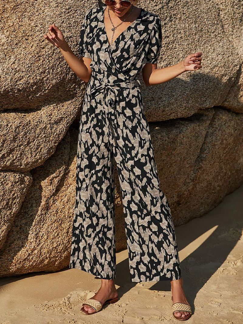 Casual Leopard Med Tryk V-hals Knotted Kortærmede Jumpsuits Til Kvinder