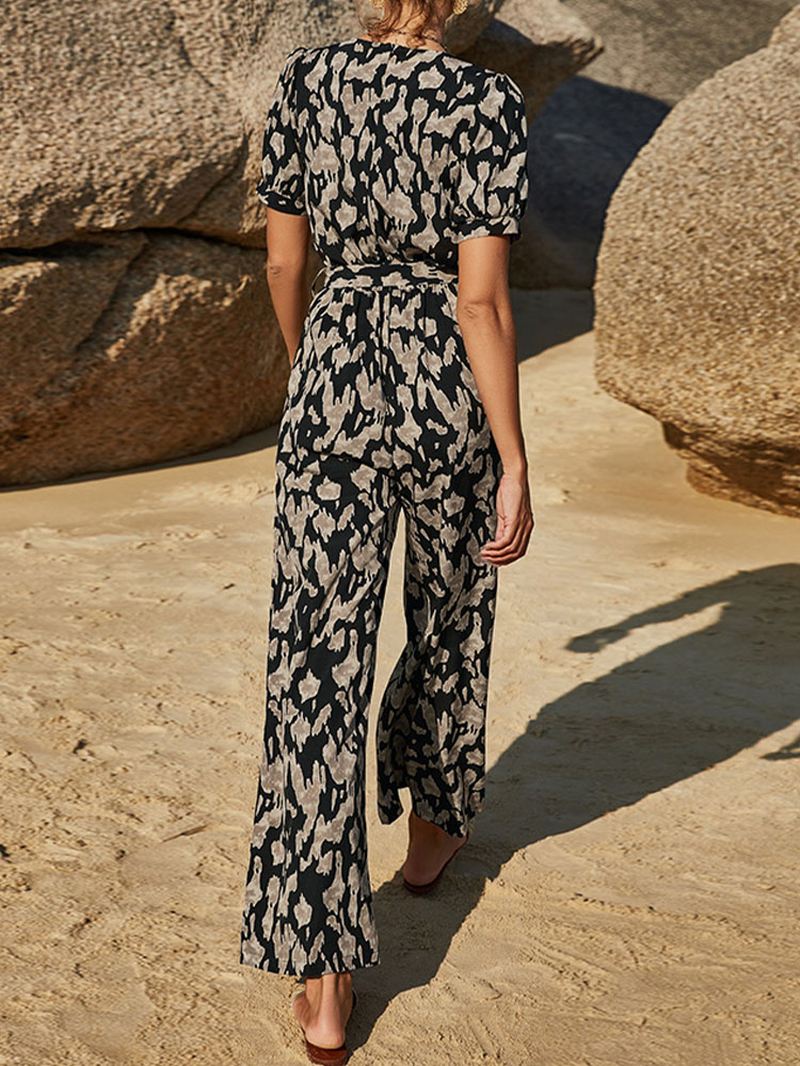 Casual Leopard Med Tryk V-hals Knotted Kortærmede Jumpsuits Til Kvinder