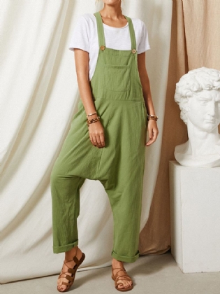 Ensfarvet Strop Knap Lomme Ærmeløs Løs Afslappet Harem Jumpsuit