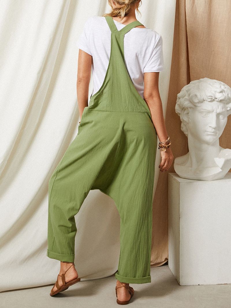 Ensfarvet Strop Knap Lomme Ærmeløs Løs Afslappet Harem Jumpsuit